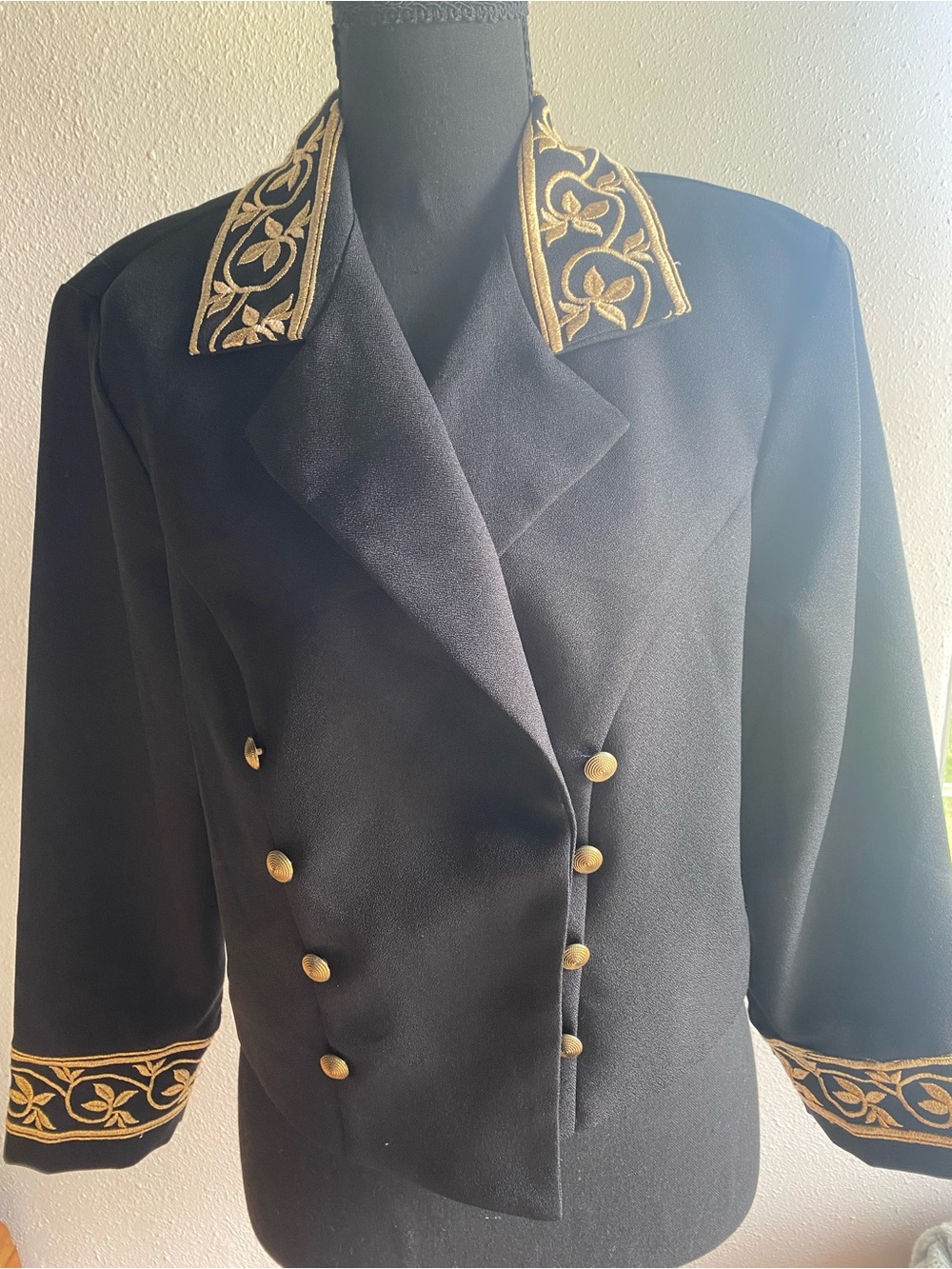 Vintage Helene Blake Black Gold Embroidered Military Style Blazer Jacket